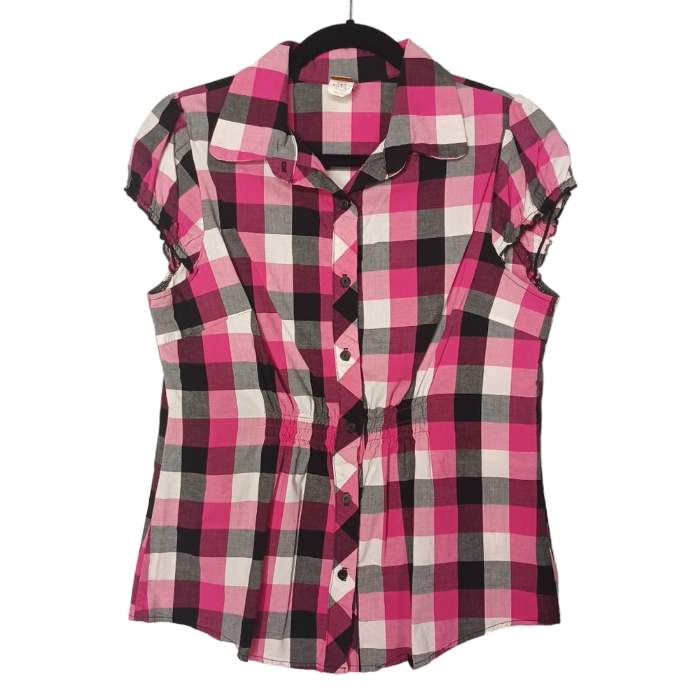 TOTO COLLECTION Pink Gray Black Plaid Print Button Front Short Sleeve Top 1XL
